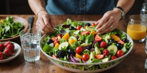 Person holding a bowl of fresh salad.