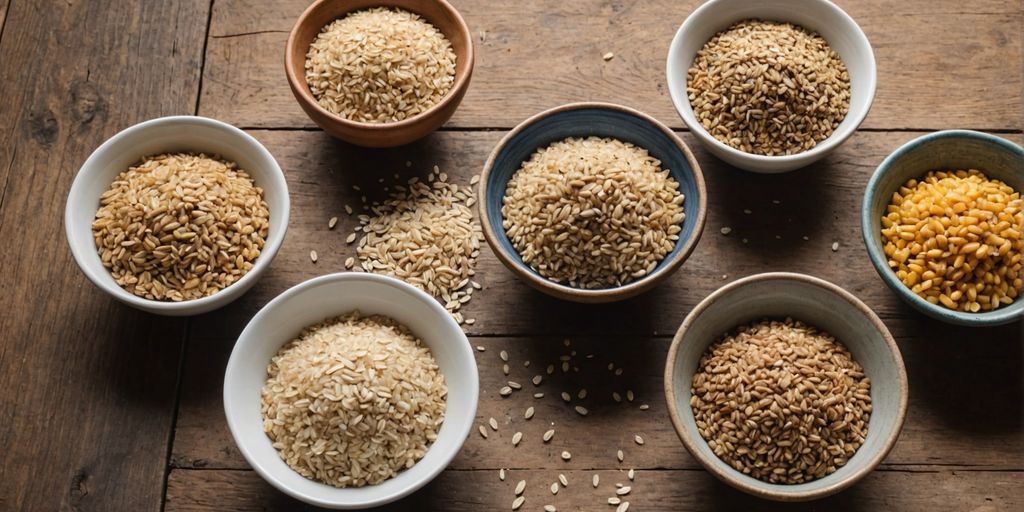 Assorted whole grains in bowls on a wooden table.