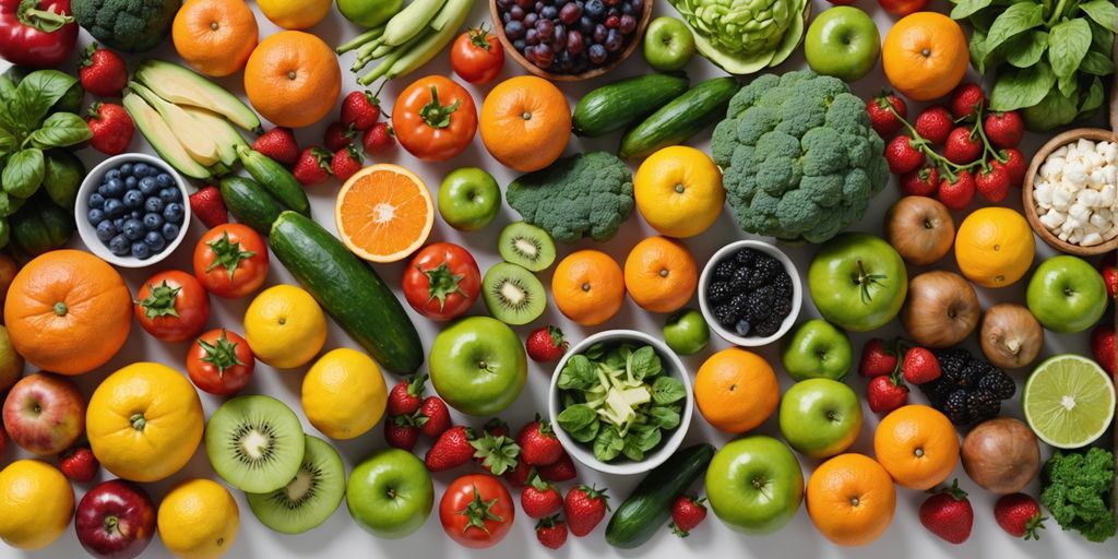 Fresh fruits and vegetables on white surface