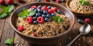 Bowl of mixed grains with berries and mint