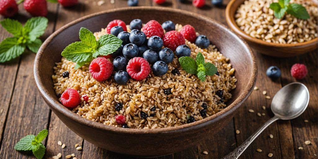 Bowl of mixed grains with berries and mint