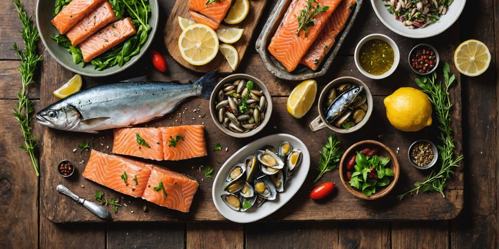 Assorted heart-healthy seafood with herbs and lemon